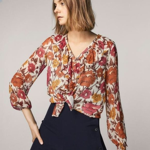 NWOT Massimo Dutti Floral Ruffle Neck Blouse Top, size 6 - Picture 1 of 16